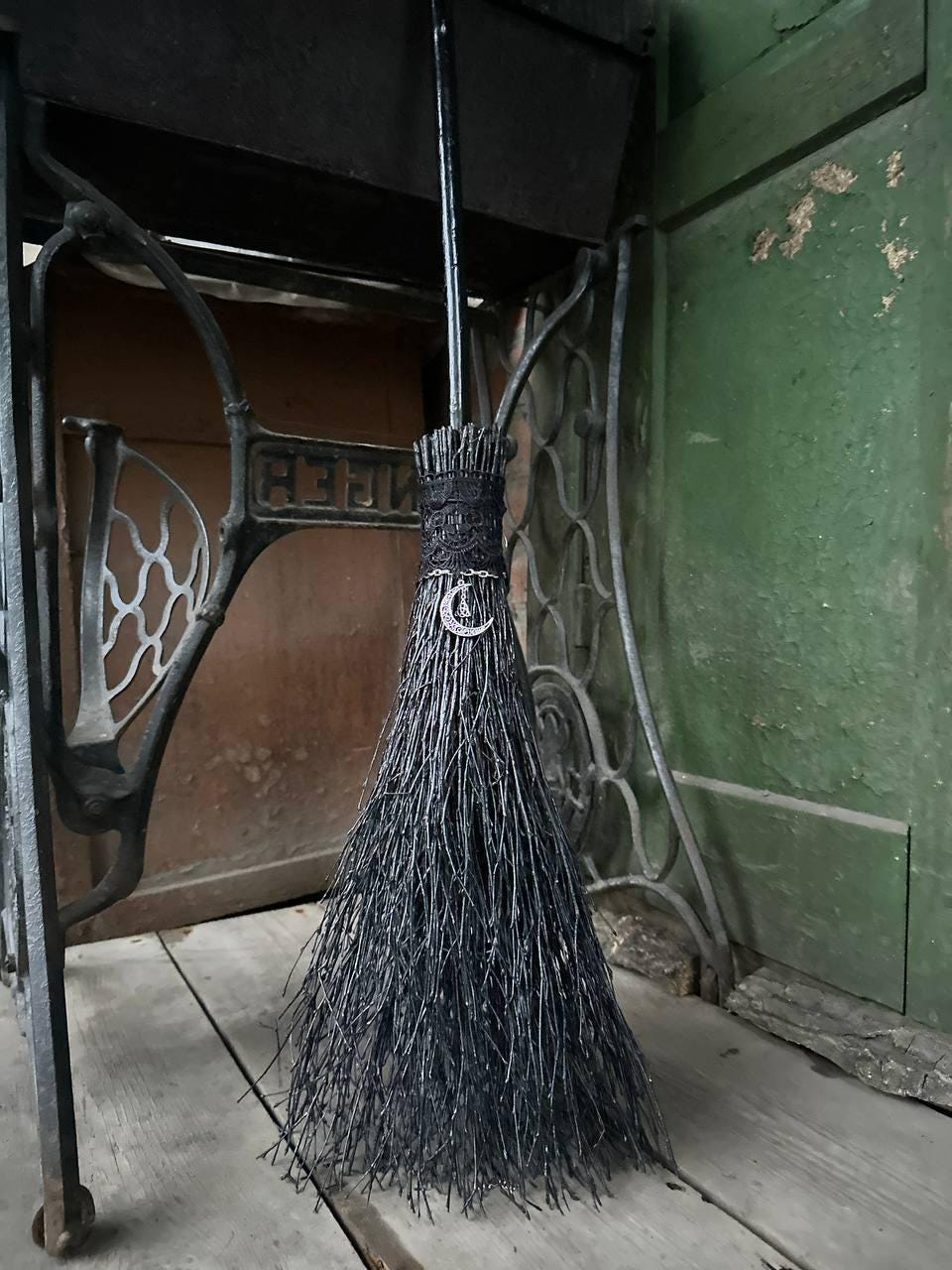 Black Witch Broom With Lace And Moon Pendant