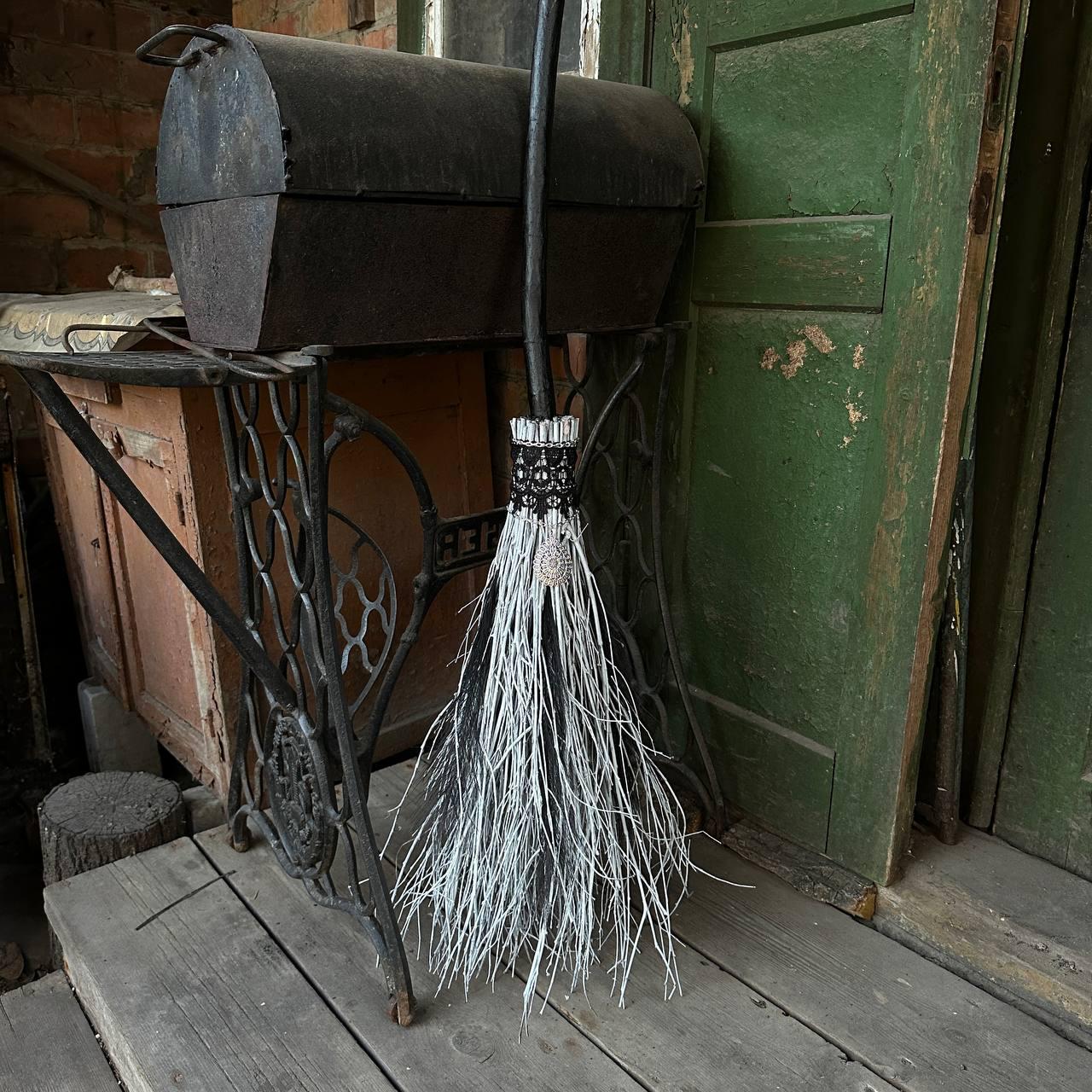 Black And White Wedding Broom With Lace And Charm