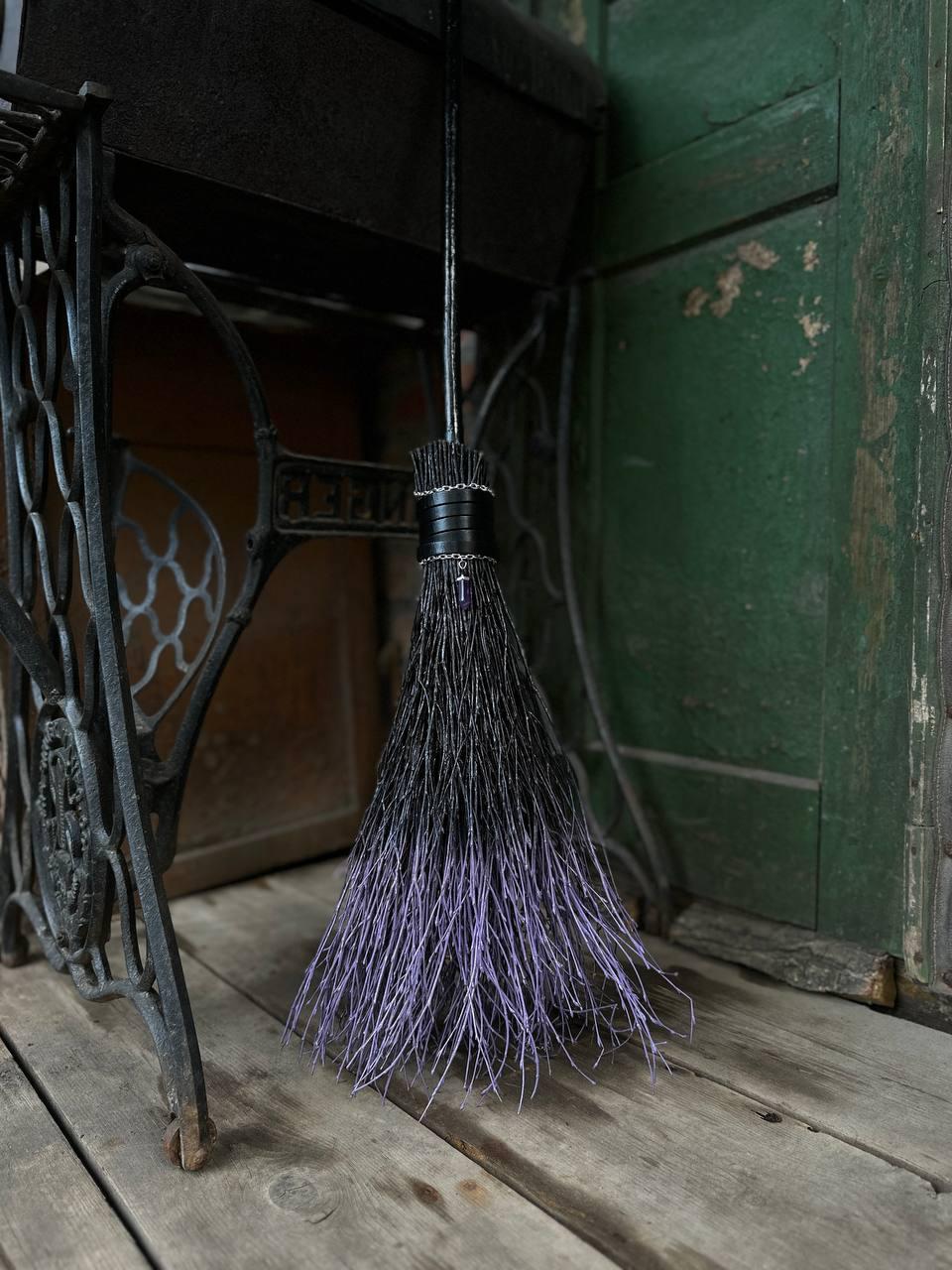 Black And Purple Witch Broomstick With Leather And Crystal