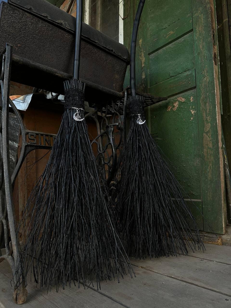 Black Witch Broom With Lace And Moon Pendant