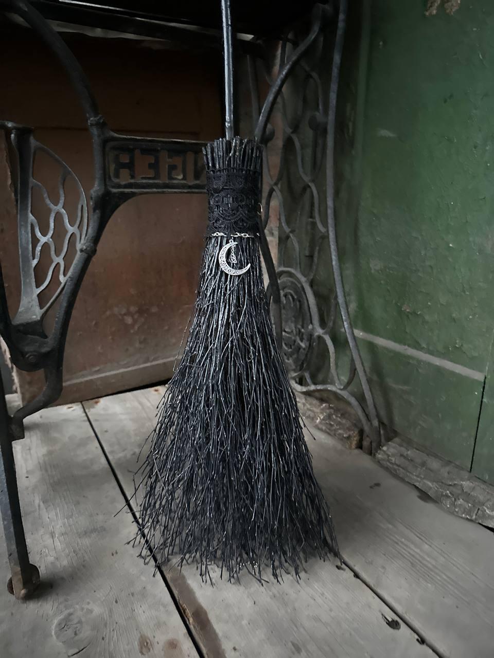 Black Witch Broom With Lace And Moon Pendant