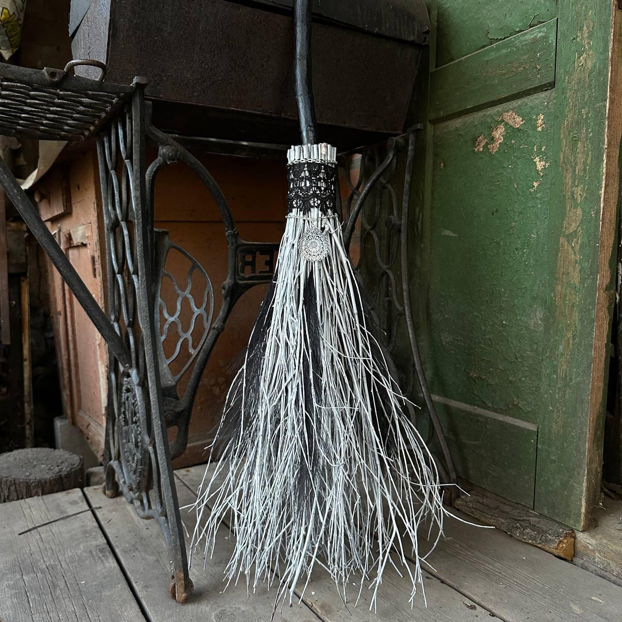 Black And White Wedding Broom With Lace And Charm