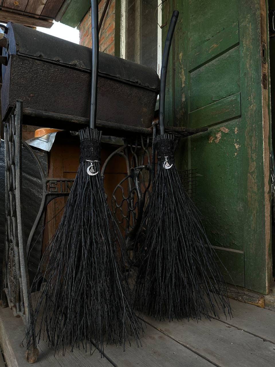 Black Witch Broom With Lace And Moon Pendant