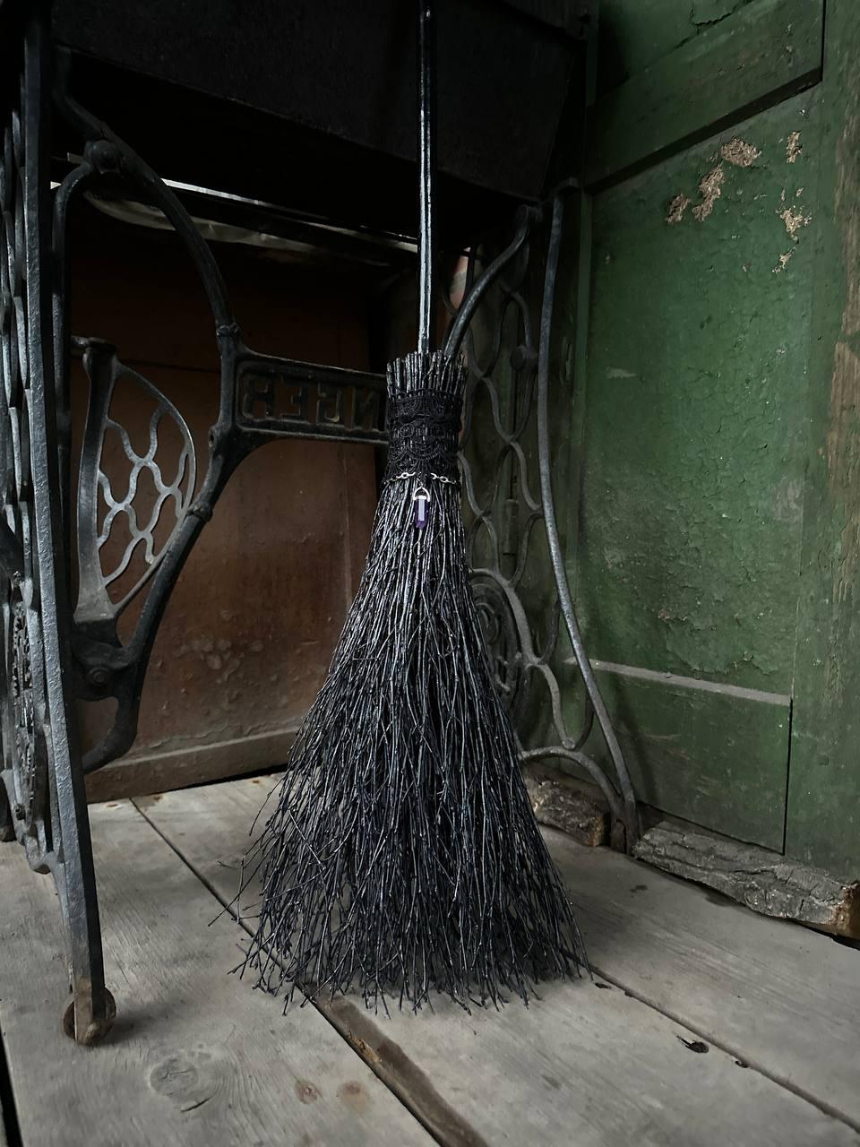 Black witch broom decorated with lace and crystal – handcrafted and delivered in the USA