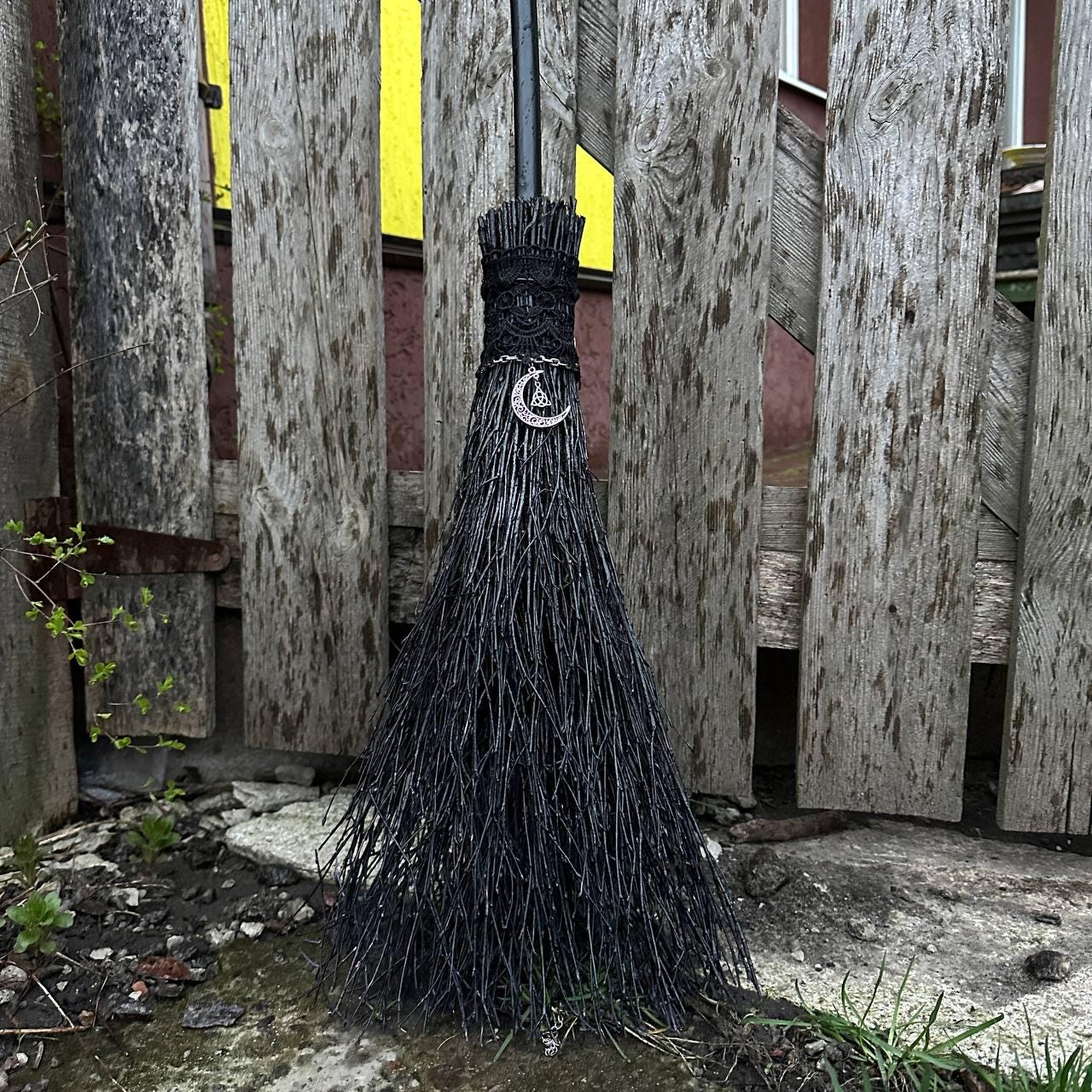 Black Witch Broom With Lace And Moon Pendant