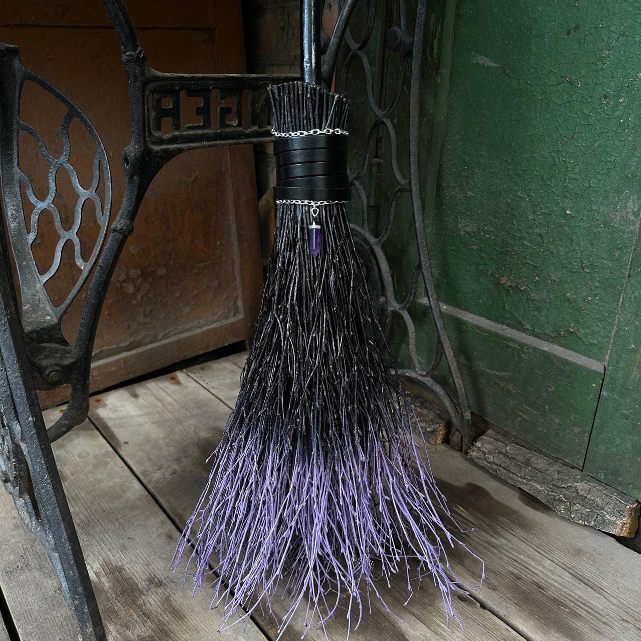 Black And Purple Witch Broomstick With Leather And Crystal