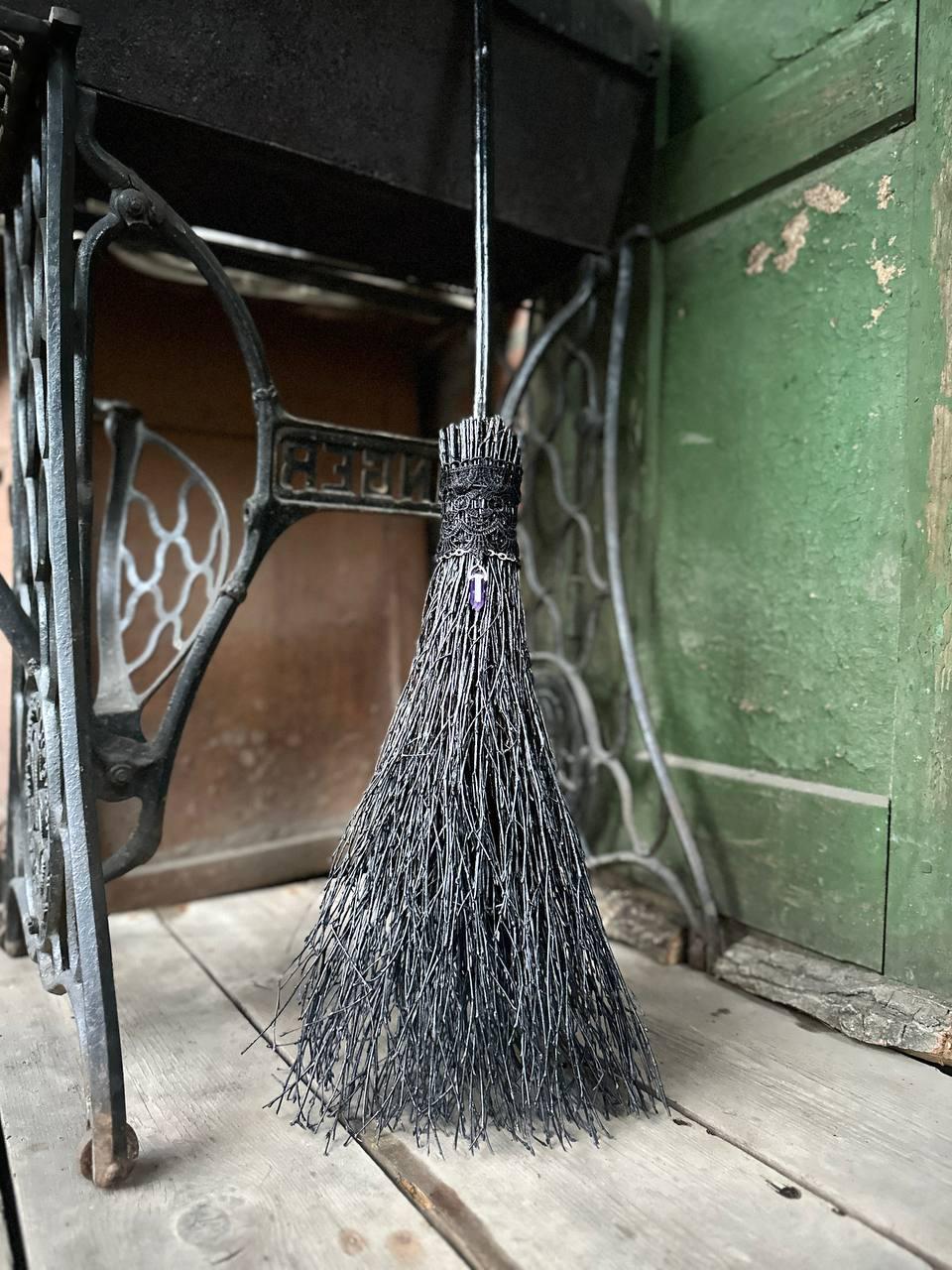 Black Witch Broom With Lace And Crystal