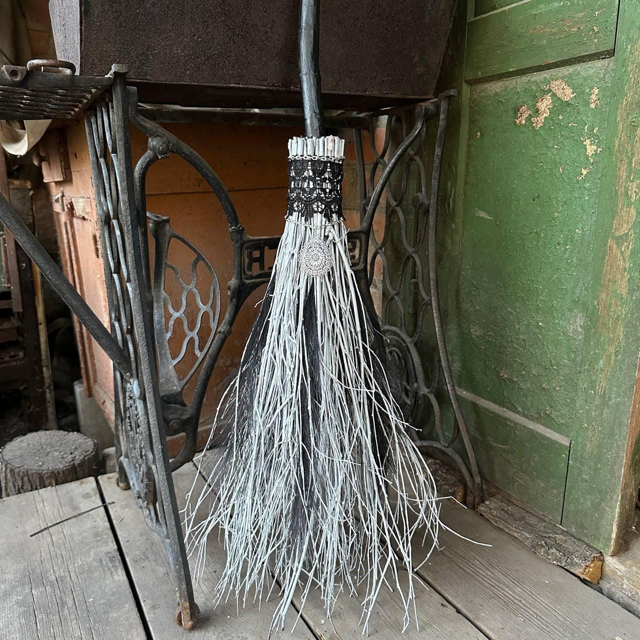 Black And White Wedding Broom With Lace And Charm
