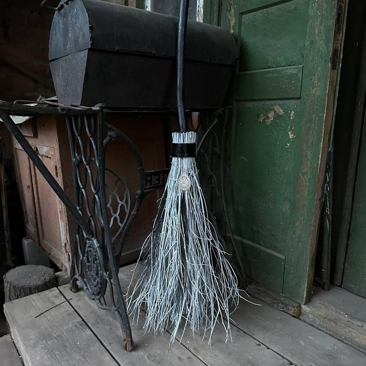 Black And White Witch Broom With Leather And Fathers