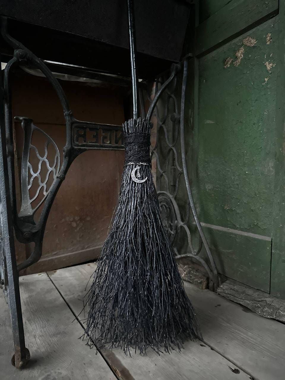 Black Witch Broom With Lace And Moon Pendant