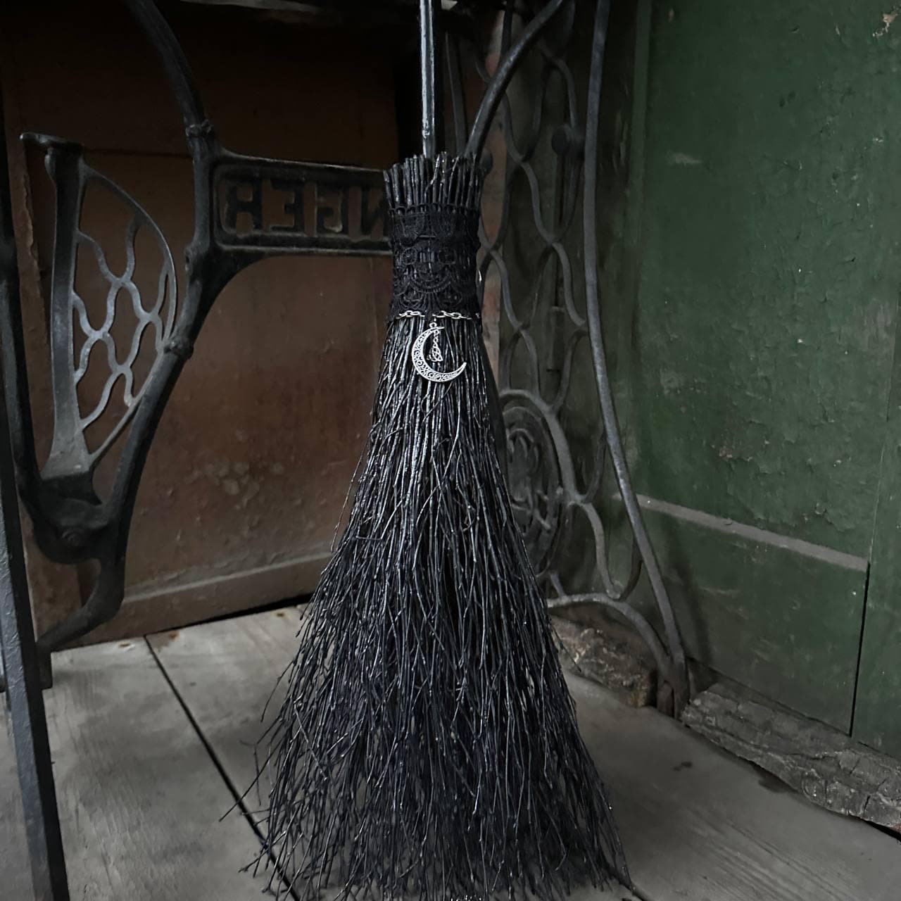 Black Witch Broom With Lace And Moon Pendant