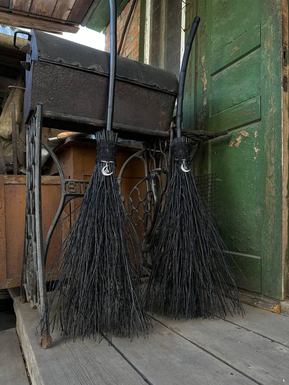 Rustic black broom for Halloween or altar decor – handmade for spiritual use in the USA