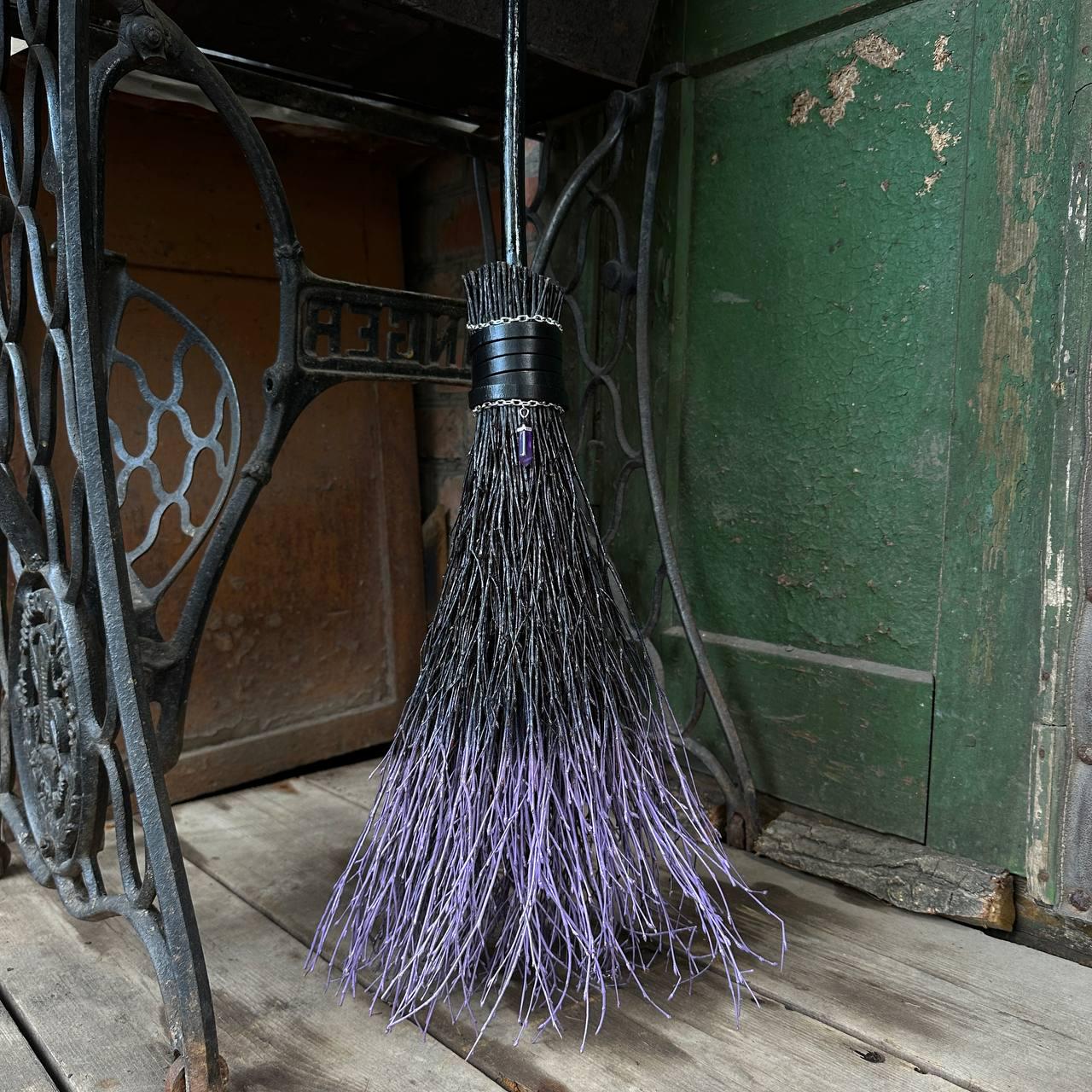 Decorative Halloween black and purple witch broom with leather and crystal – handmade and ships across USA