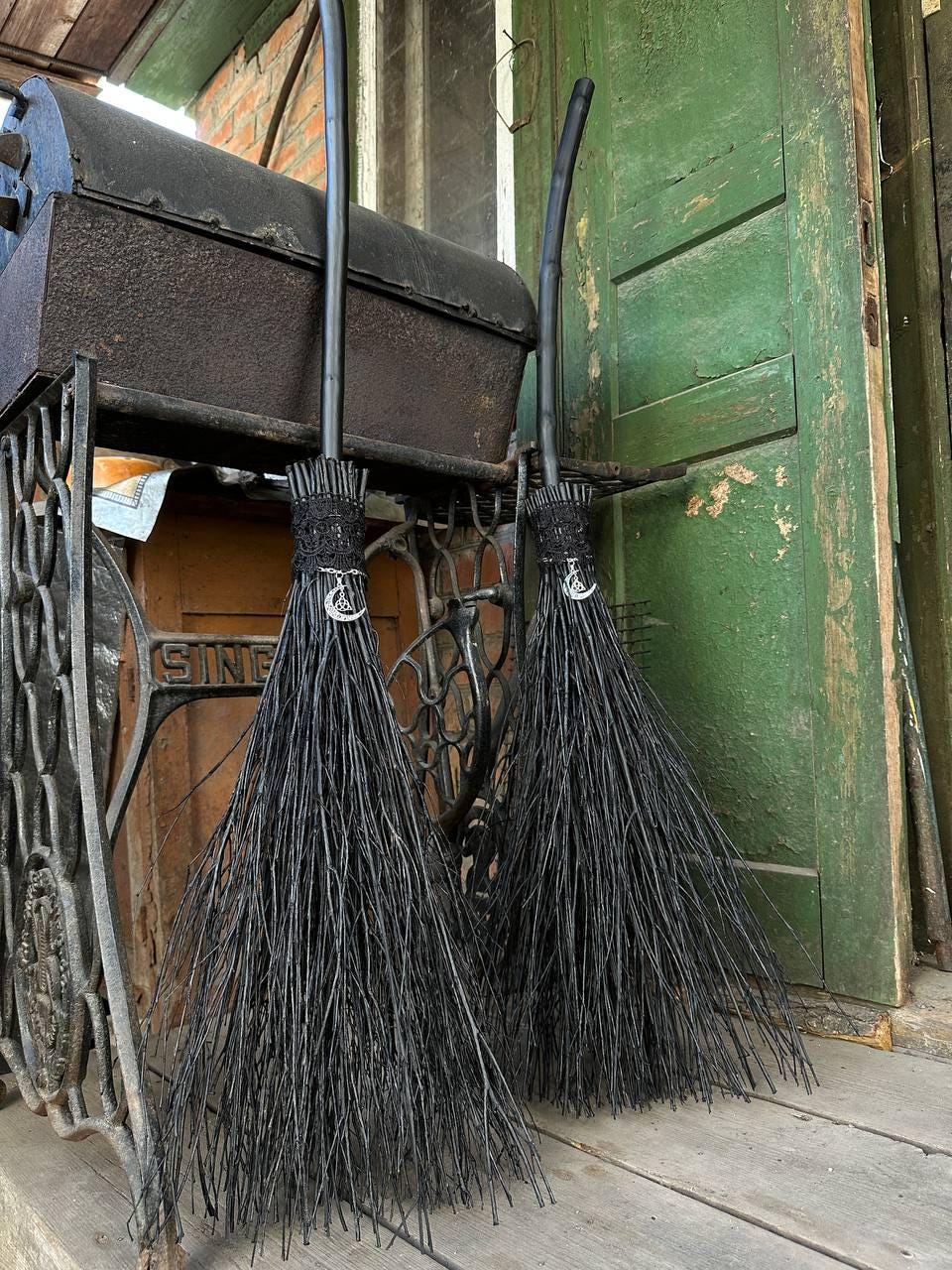 Black Witch Broom With Lace And Moon Pendant