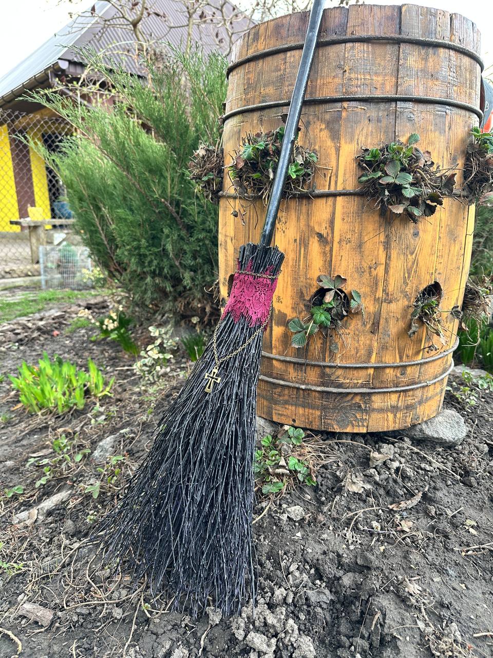 Black full size witch broom handmade from real twigs for Halloween or ritual use and based in USA