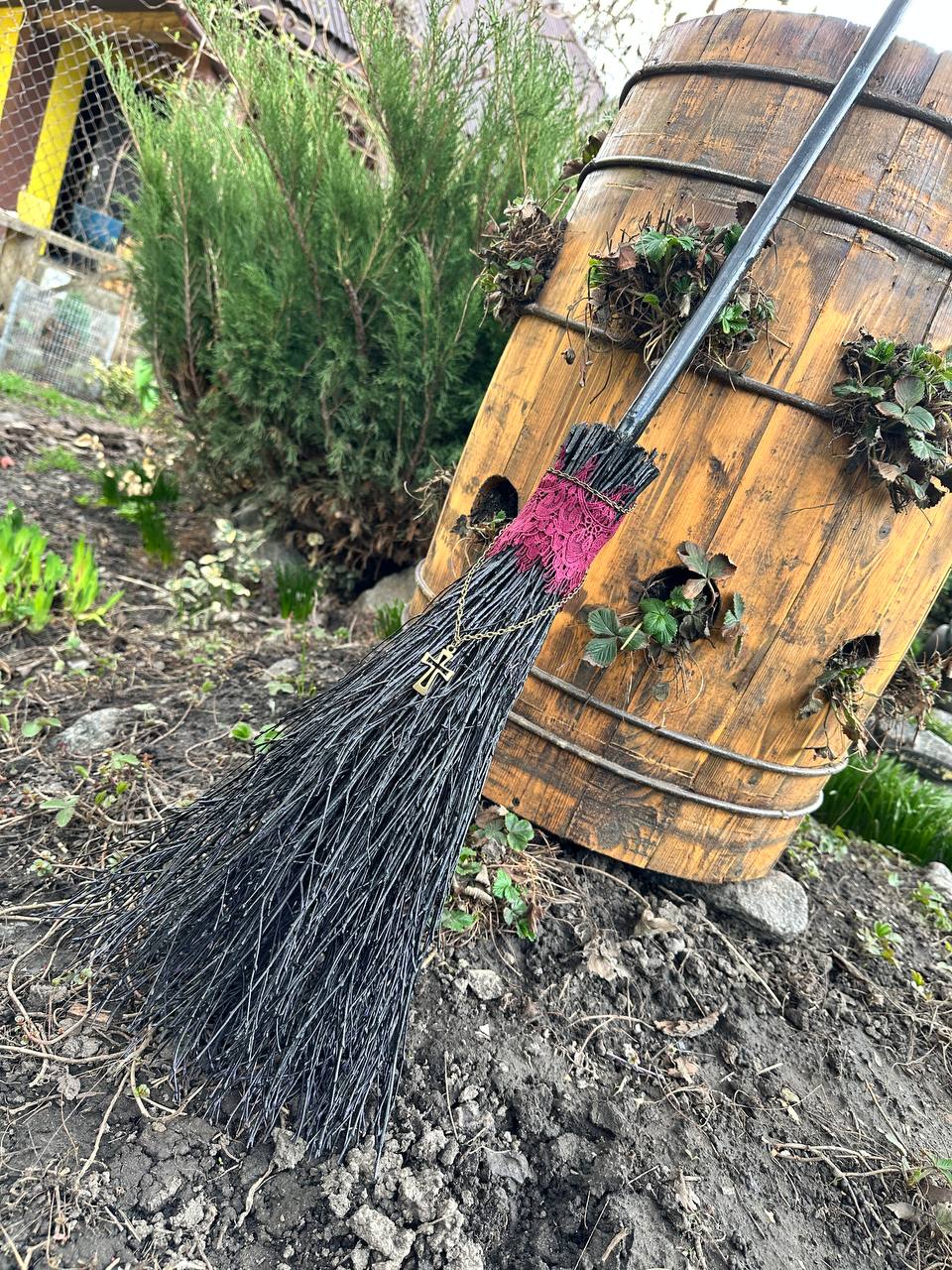Black Witch Broom With Burgundy Lace And Cross