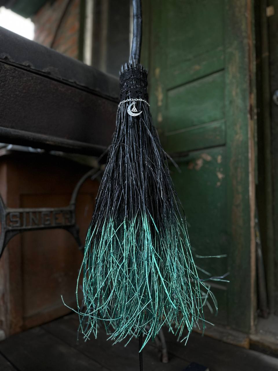 Black Full Size Witch Broom With Lace And Pendant