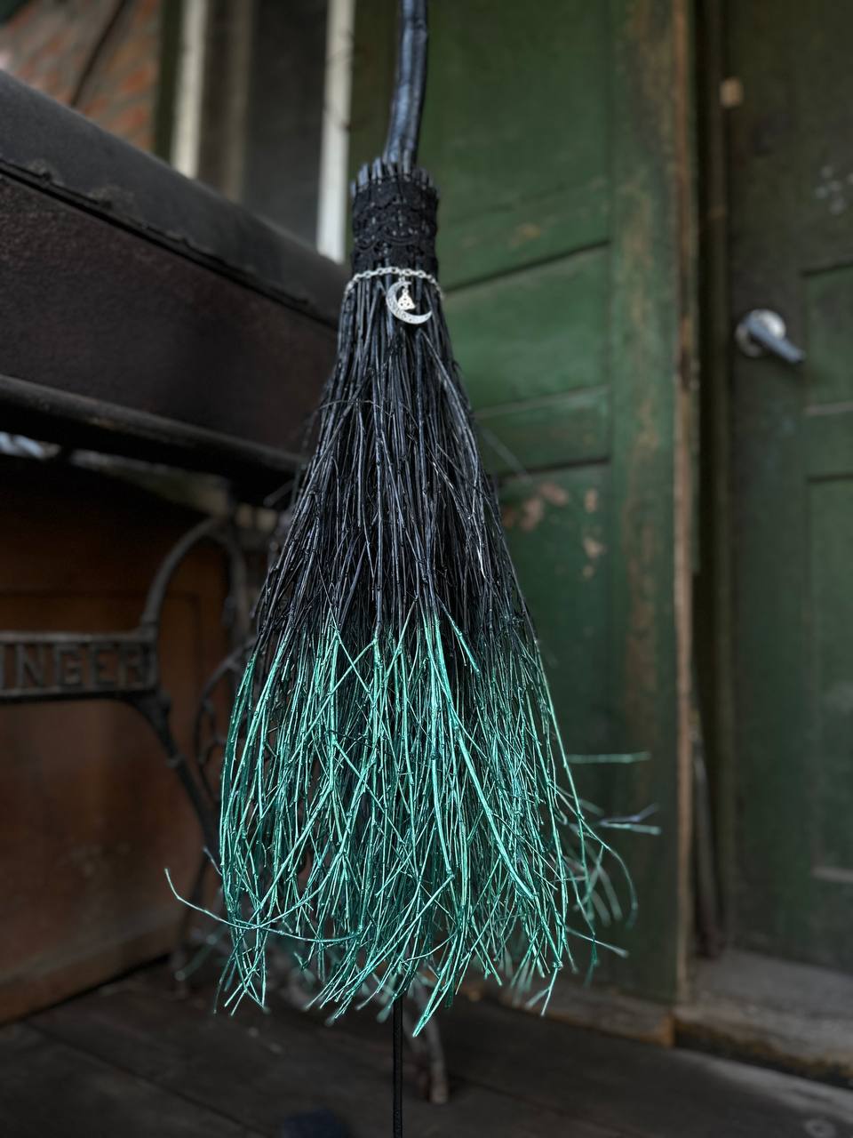 Black Full Size Witch Broom With Lace And Pendant