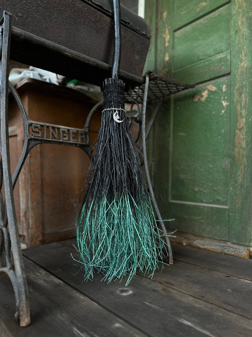 Black Full Size Witch Broom With Lace And Pendant