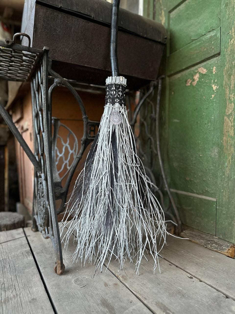 Black And White Wedding Broom With Lace And Charm