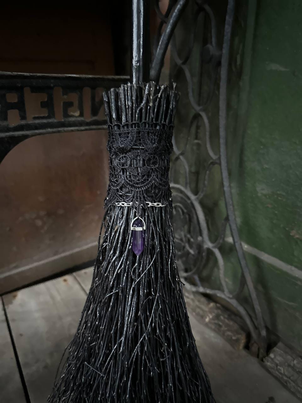 Black Witch Broom With Lace And Crystal