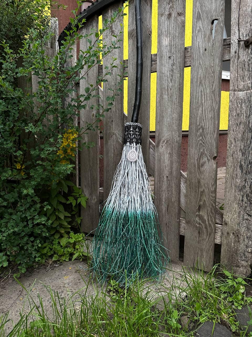 White and Metallic Green Witch Broom With Lace And Pendant
