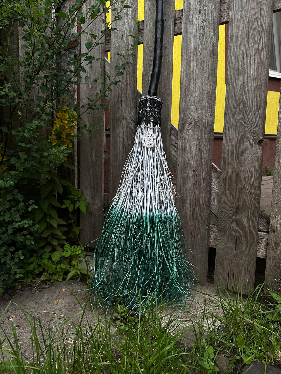 White and Metallic Green Witch Broom With Lace And Pendant