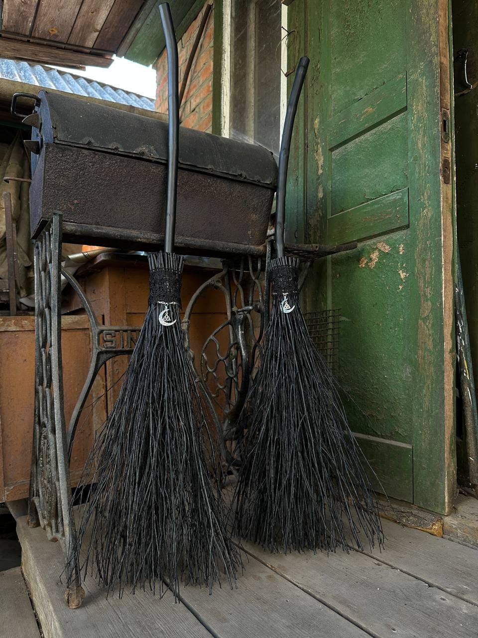 Black Witch Broom With Lace And Moon Pendant