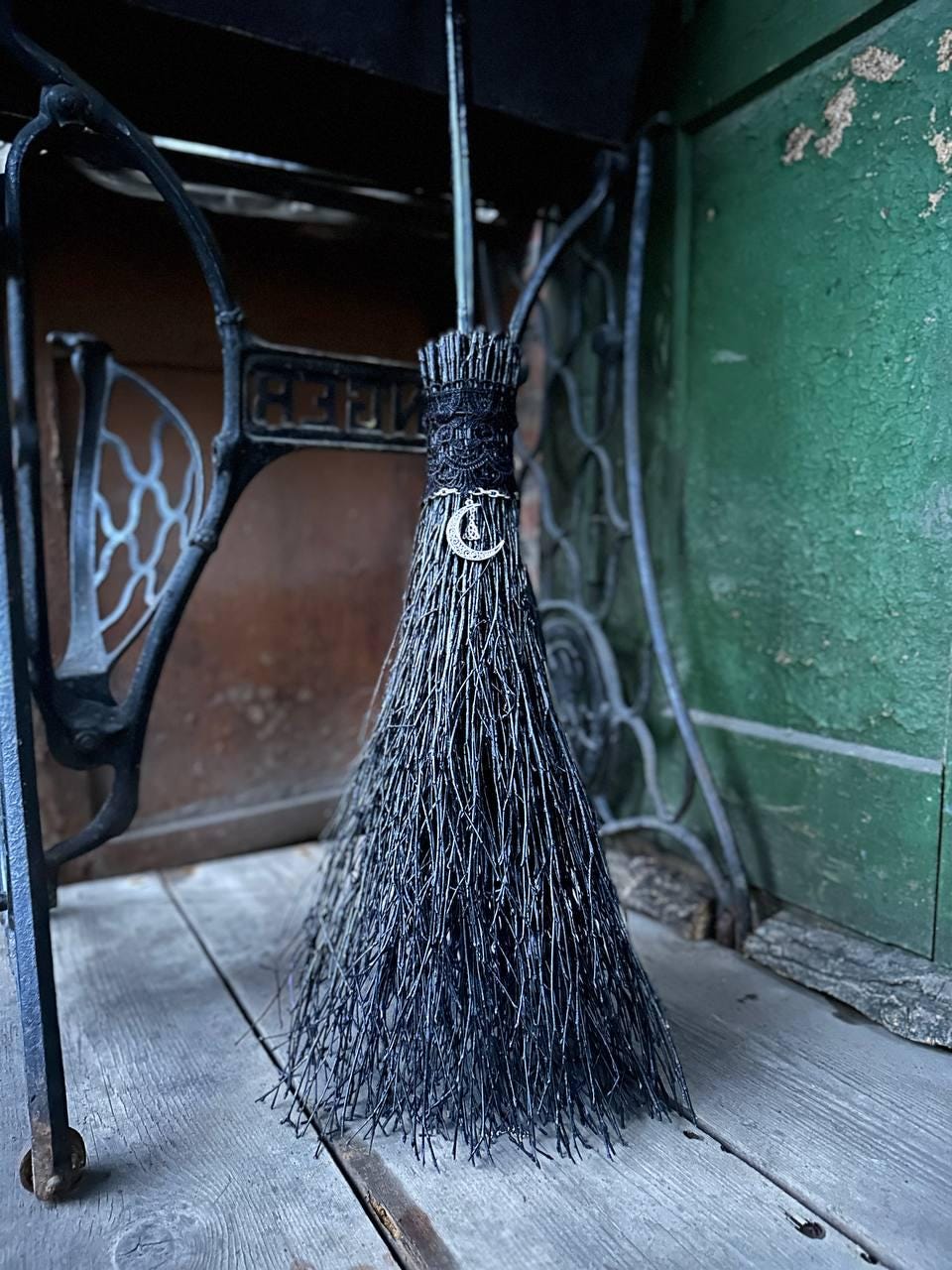Black Witch Broom With Lace And Moon Pendant