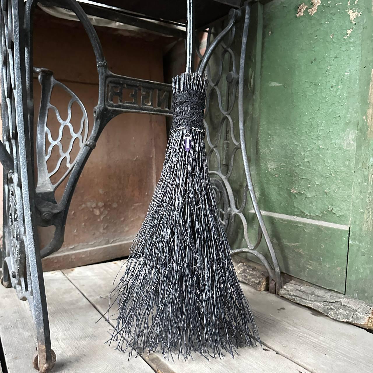 Black Witch Broom With Lace And Crystal