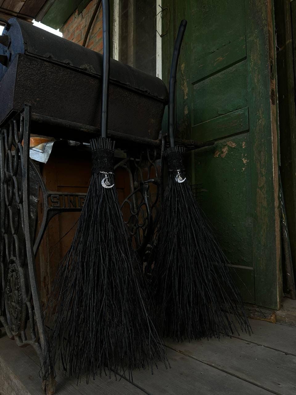 Black Witch Broom With Lace And Moon Pendant