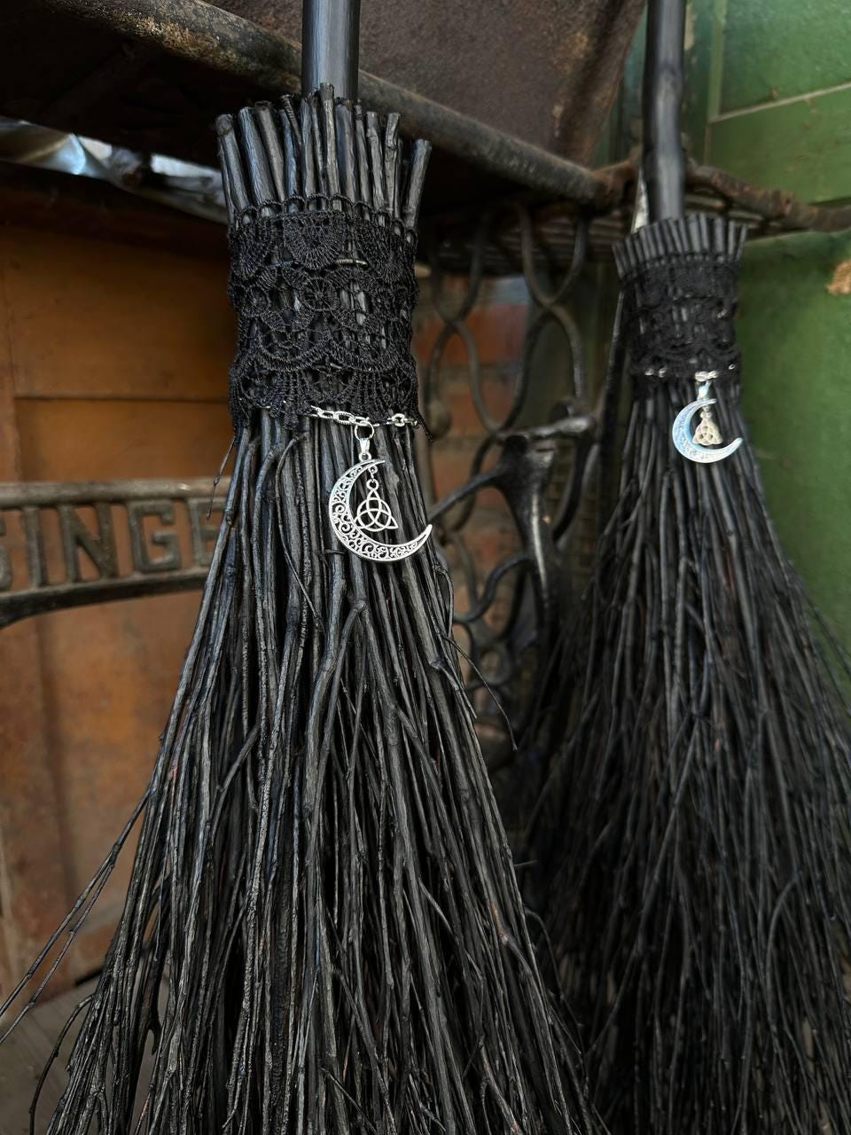 Black Witch Broom With Lace And Moon Pendant