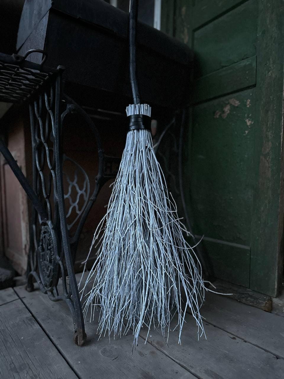White Witch Broom With Leather And Black Handle