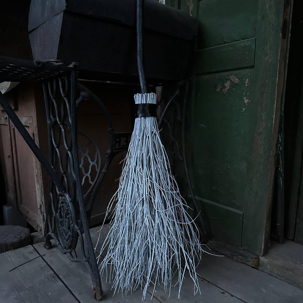 White Witch Broom With Leather And Black Handle