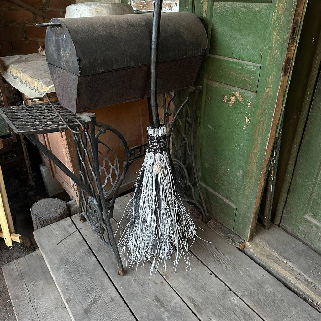 Black And White Wedding Broom With Lace And Charm