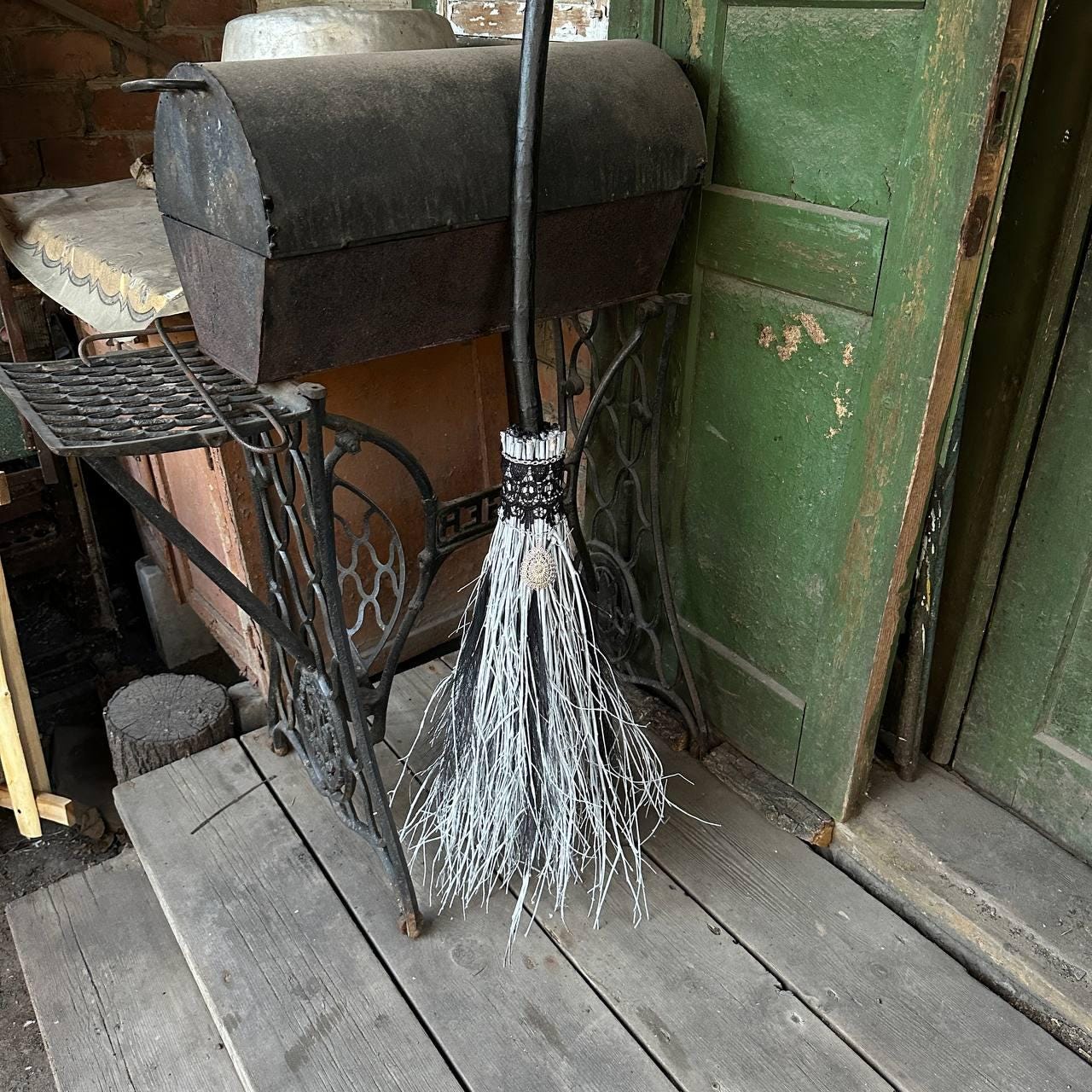 Black And White Wedding Broom With Lace And Charm