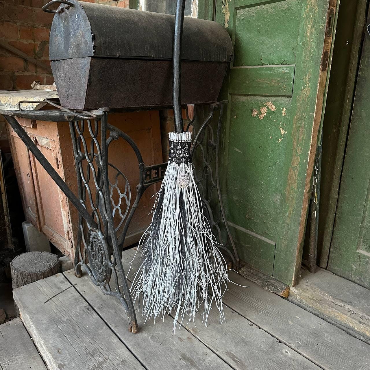 Black And White Wedding Broom With Lace And Charm
