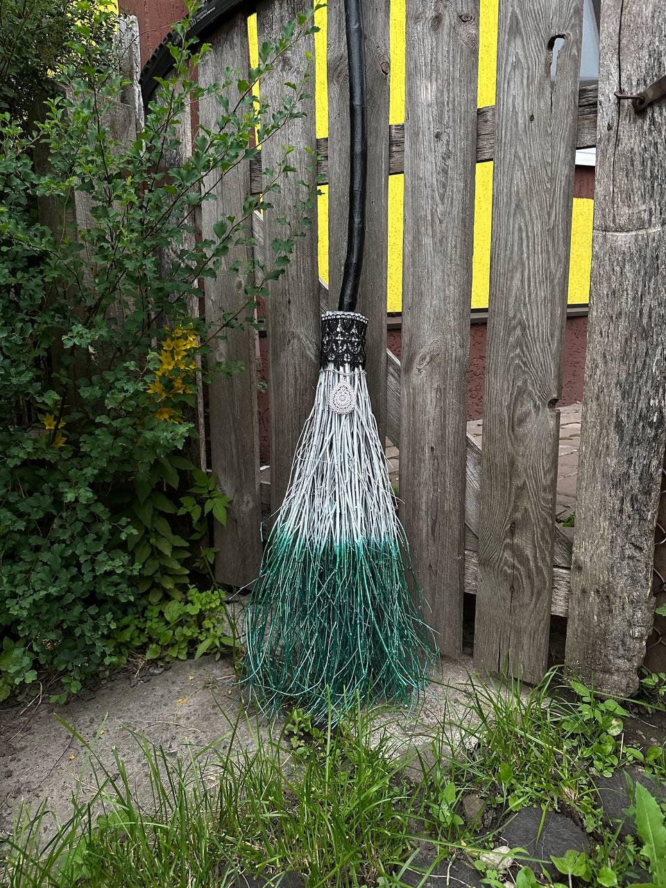 White and Metallic Green Witch Broom With Lace And Pendant