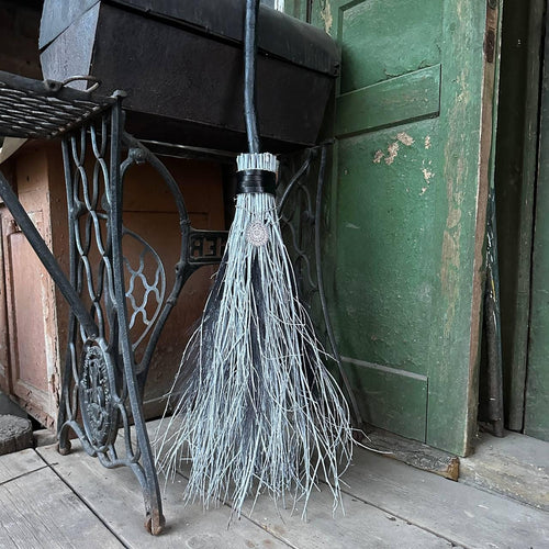 Black And White Witch Broom With Leather And Fathers