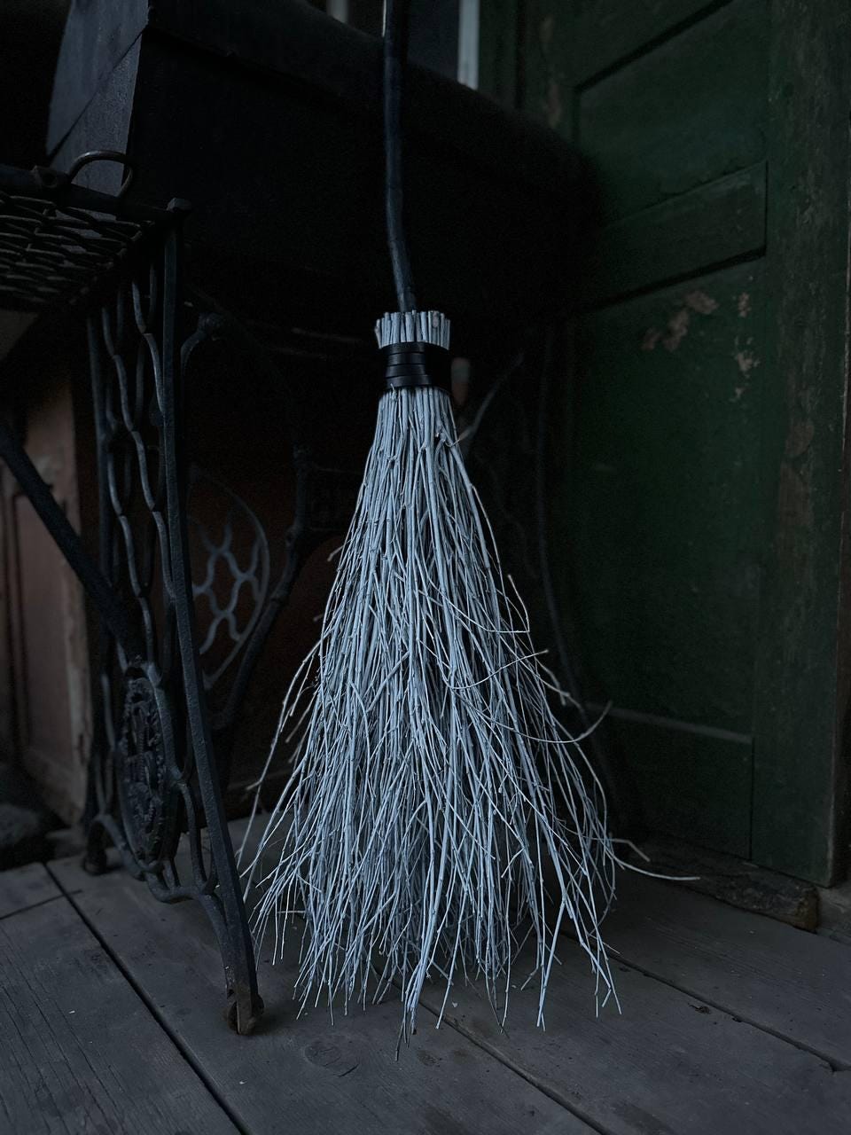 White Witch Broom With Leather And Black Handle