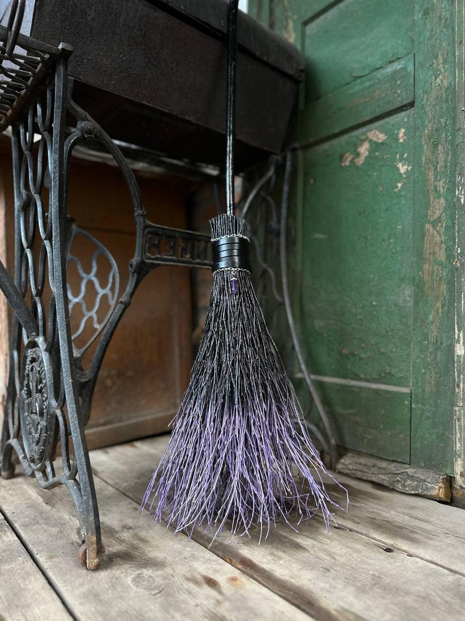 Black And Purple Witch Broomstick With Leather And Crystal