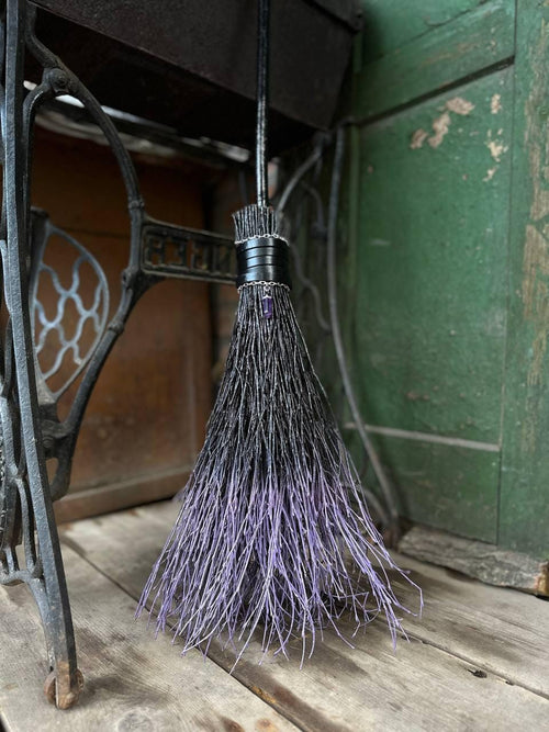 Black And Purple Witch Broomstick With Leather And Crystal