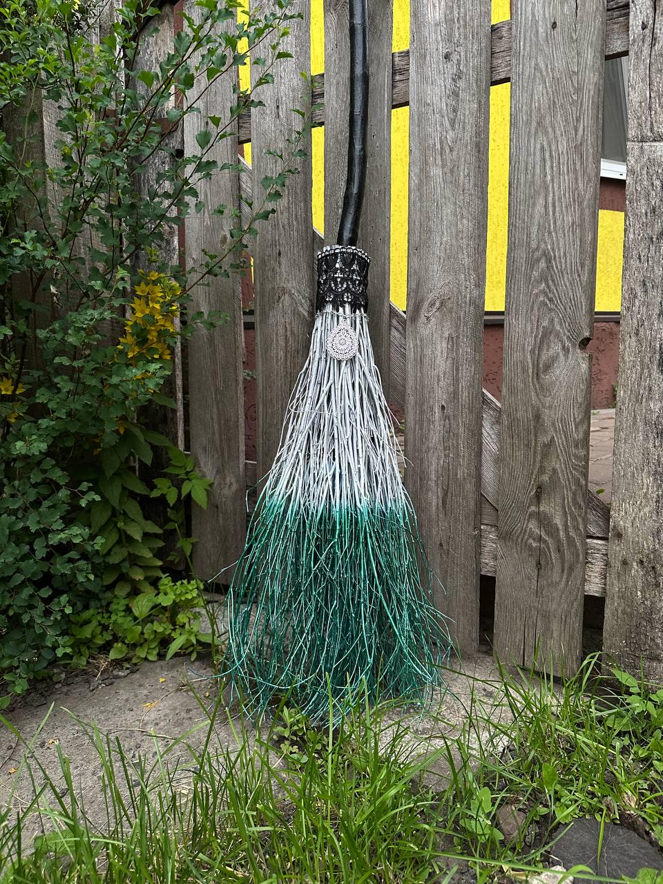 White and Metallic Green Witch Broom With Lace And Pendant