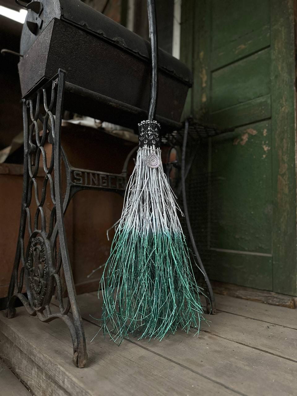 White and Metallic Green Witch Broom With Lace And Pendant