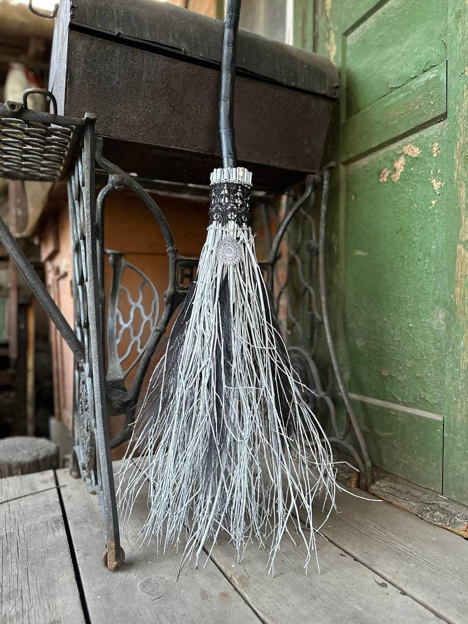 Black And White Wedding Broom With Lace And Charm