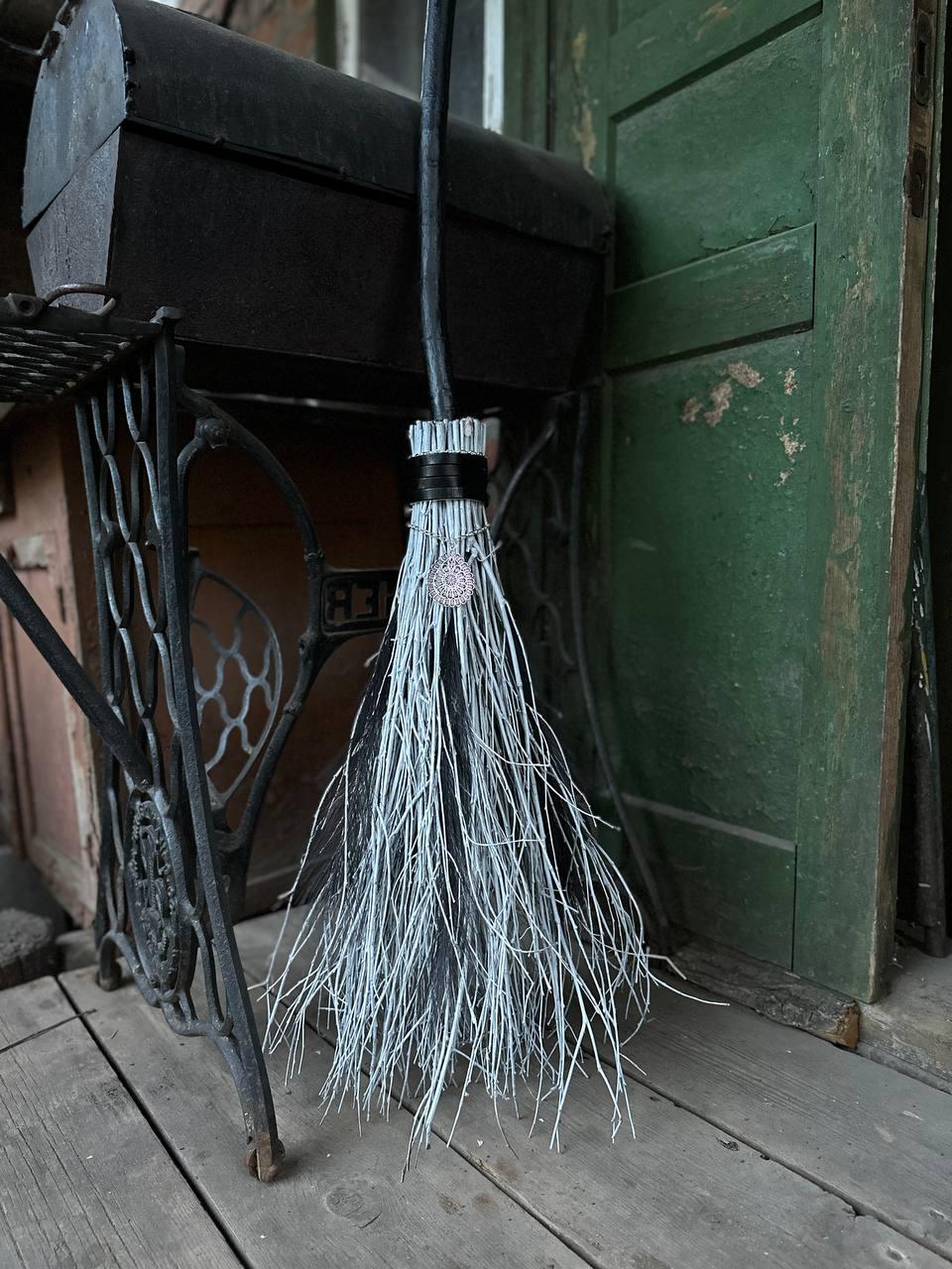 Black And White Witch Broom With Leather And Fathers