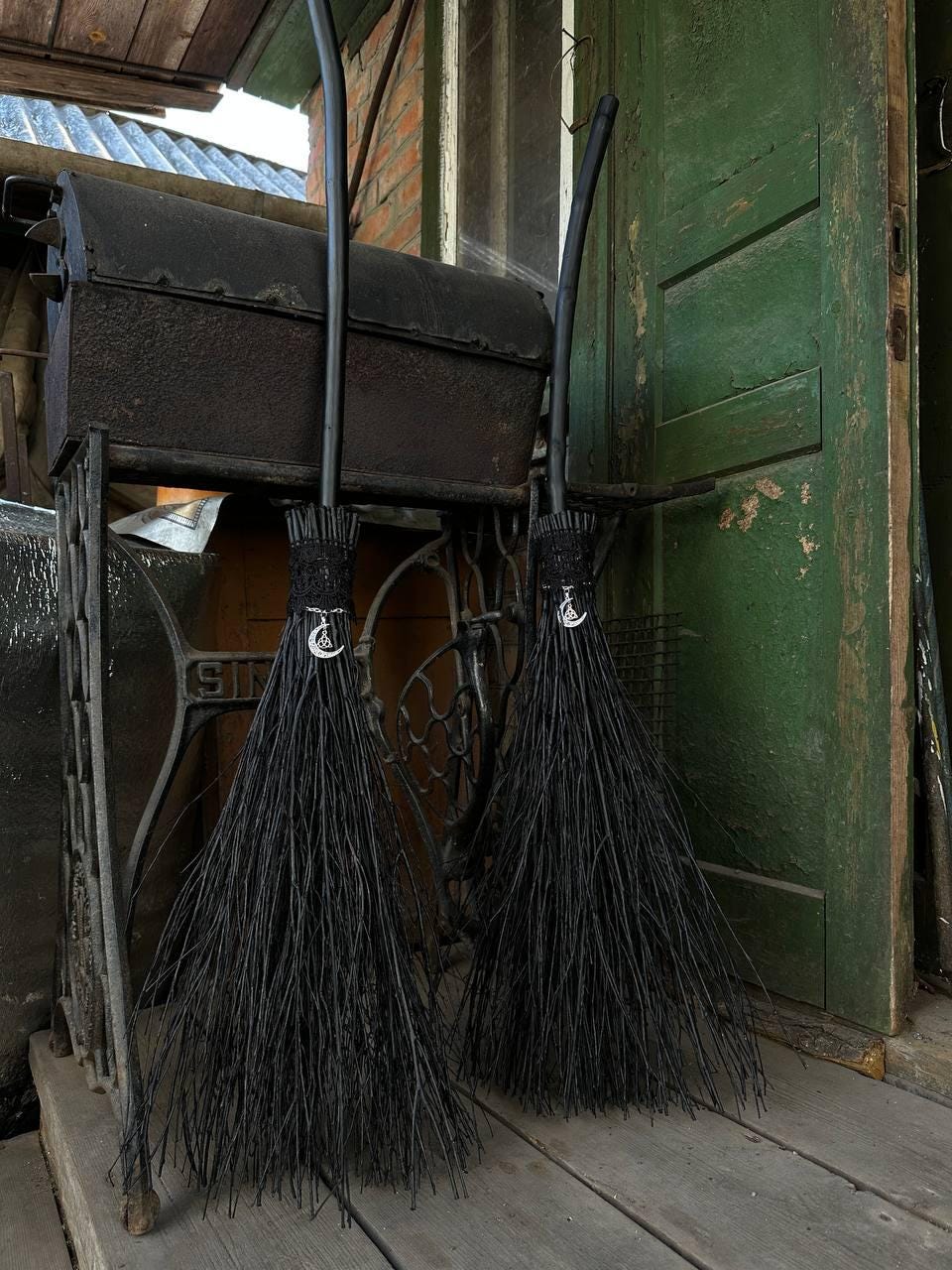 Black Witch Broom With Lace And Moon Pendant
