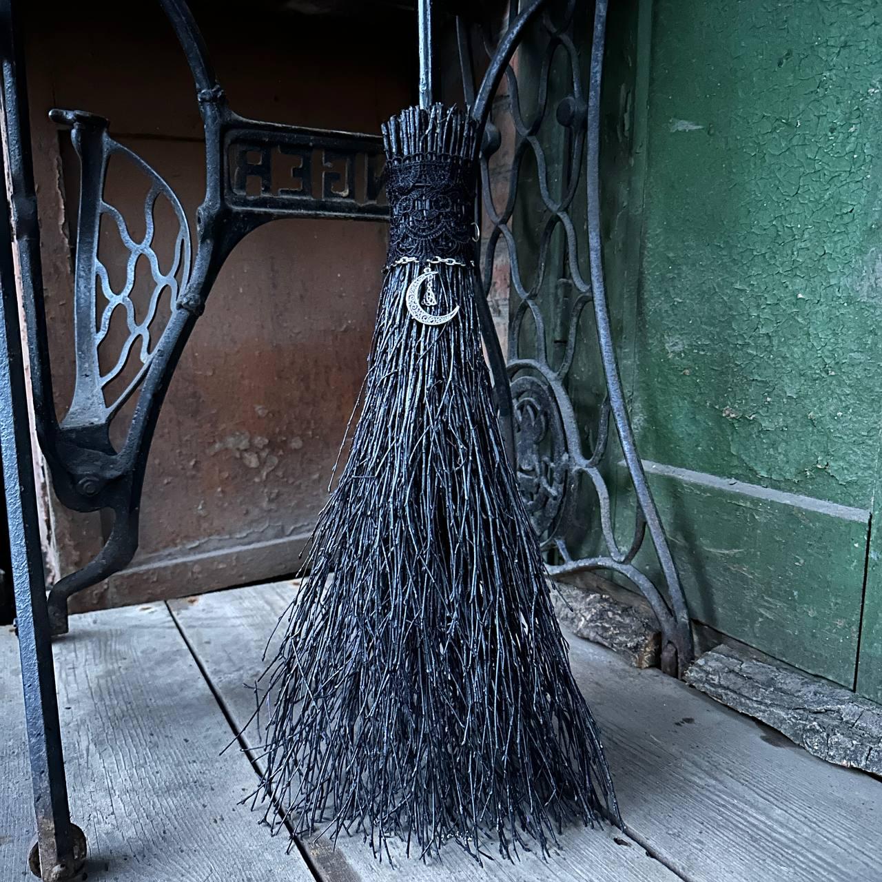 Black Witch Broom With Lace And Moon Pendant