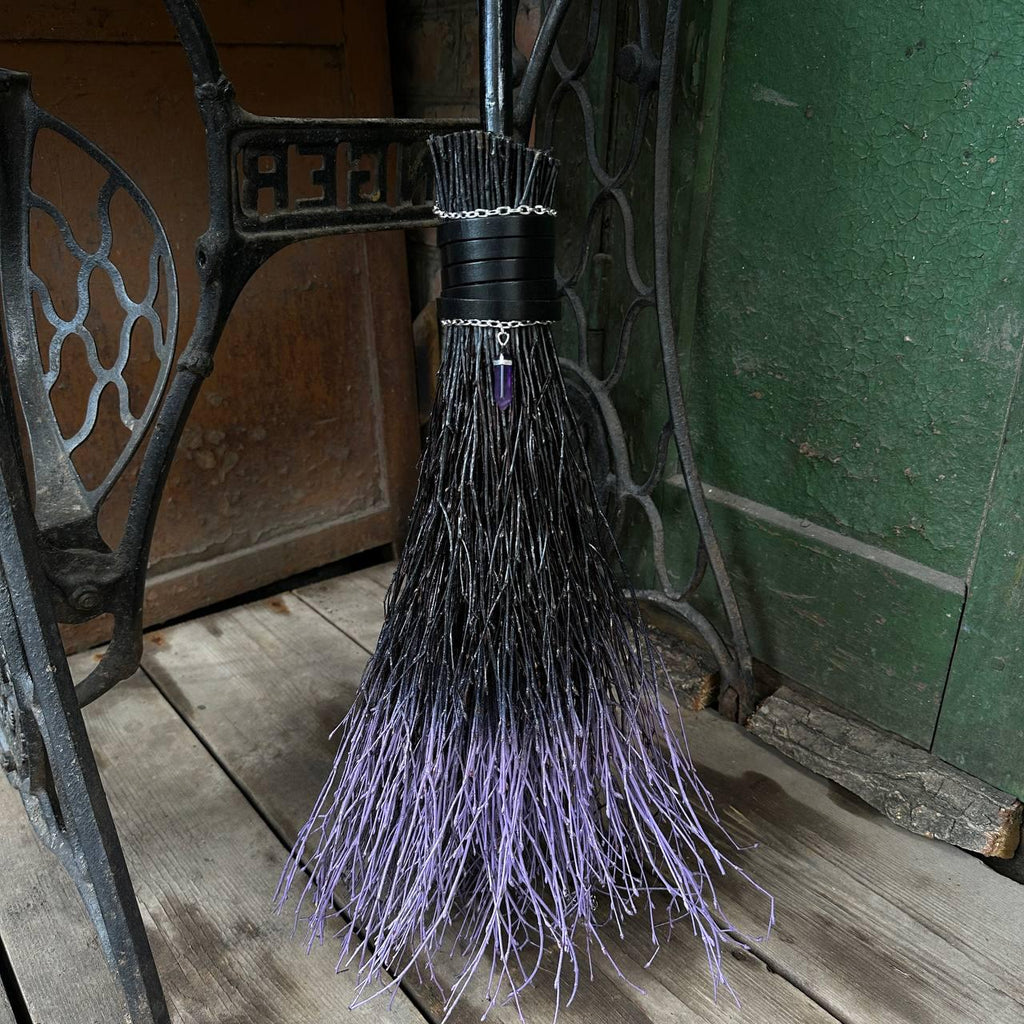 Black And Purple Witch Broomstick With Leather And Crystal