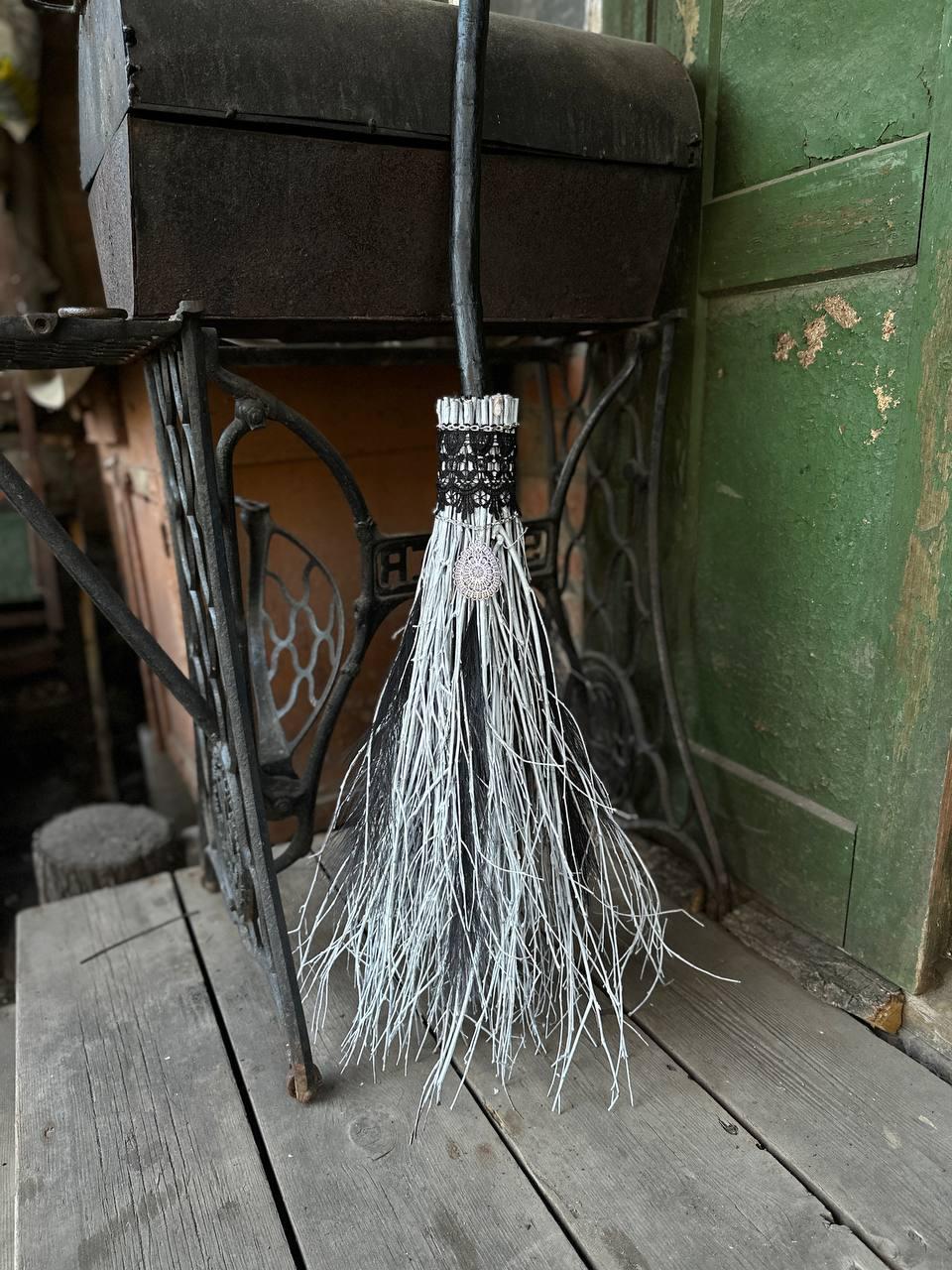 Black And White Wedding Broom With Lace And Charm